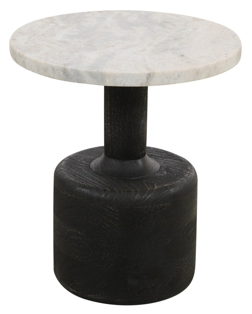 White and Black Distressed Marble and Solid Wood Round Pedestal End Table