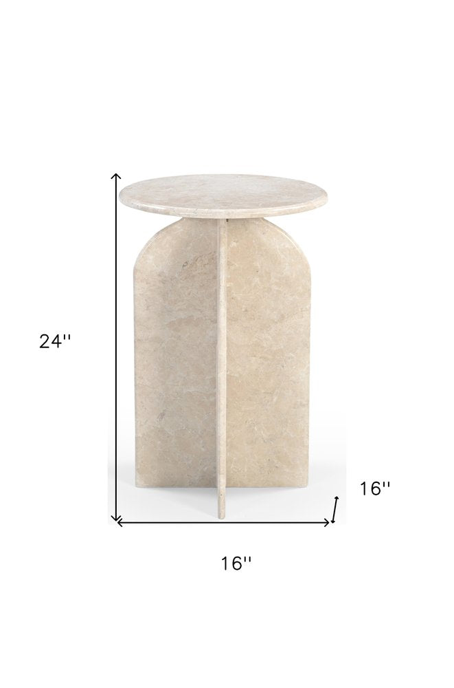 Cream Marble Round Pedestal End Table - 24-inch