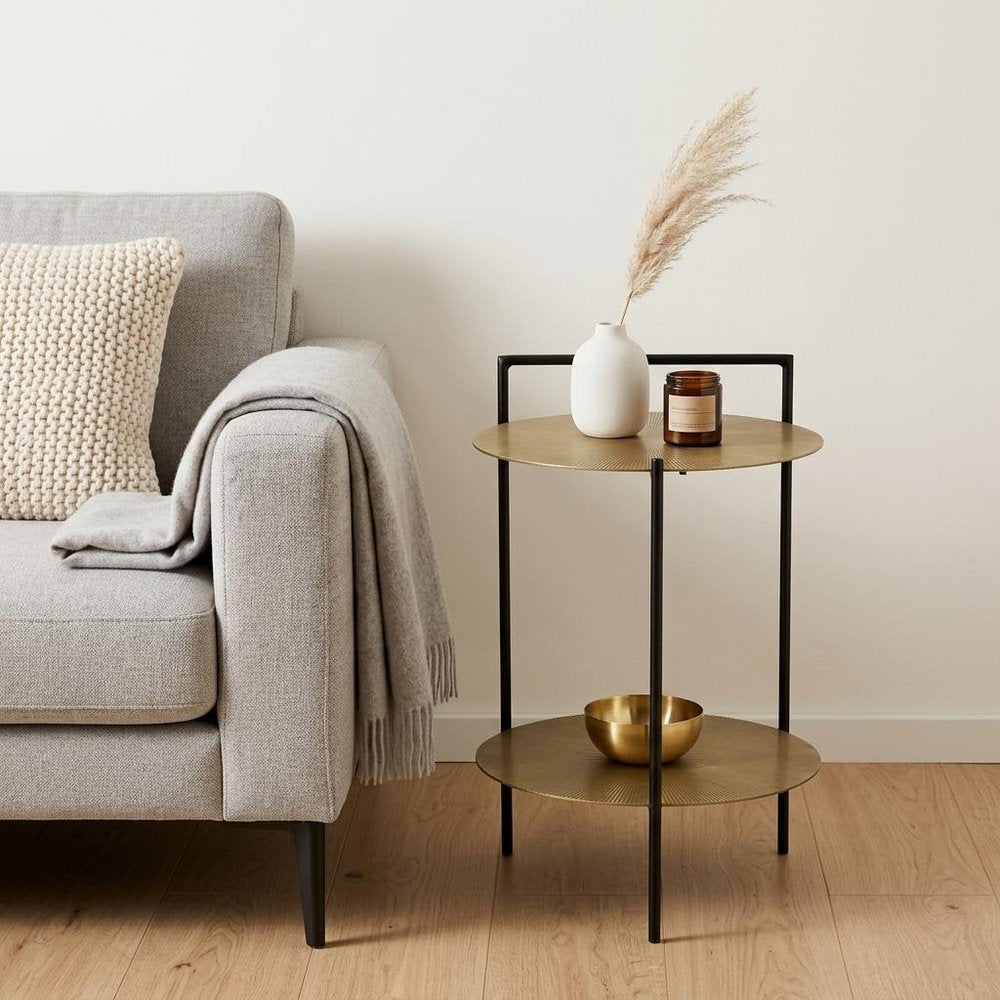 Brass Iron Round End Table with Shelf - 22-inch