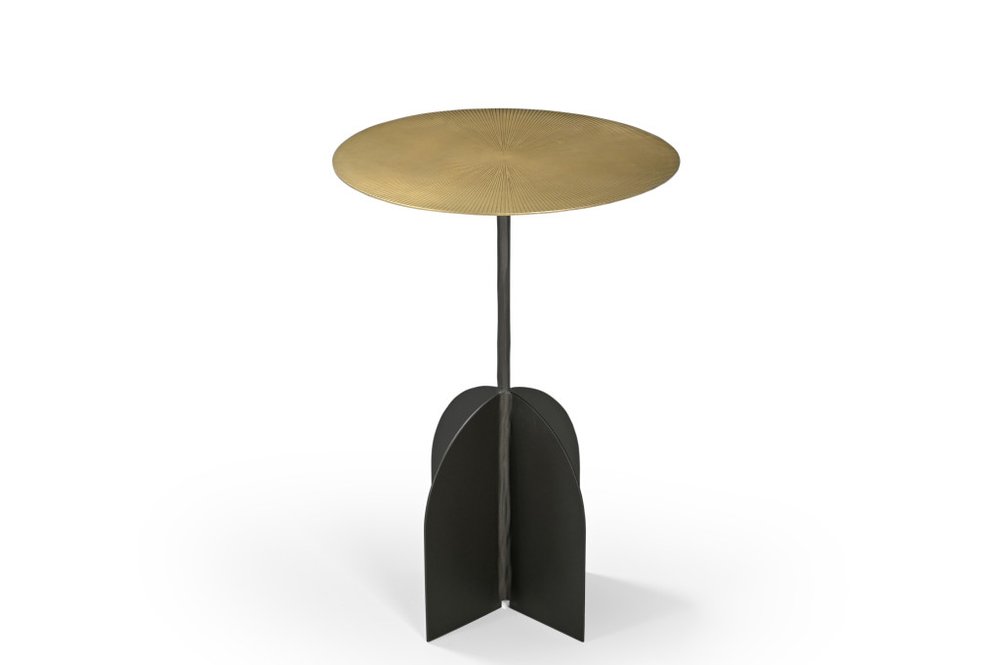 Brass and Black Iron Round Pedestal End Table - 23-inch