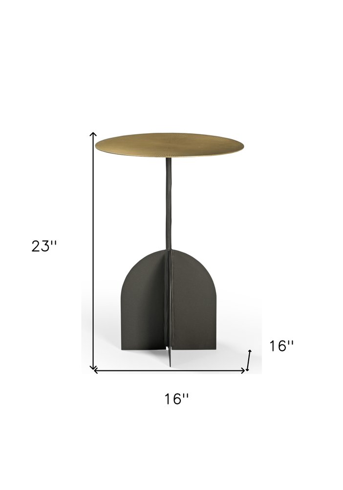 Brass and Black Iron Round Pedestal End Table - 23-inch