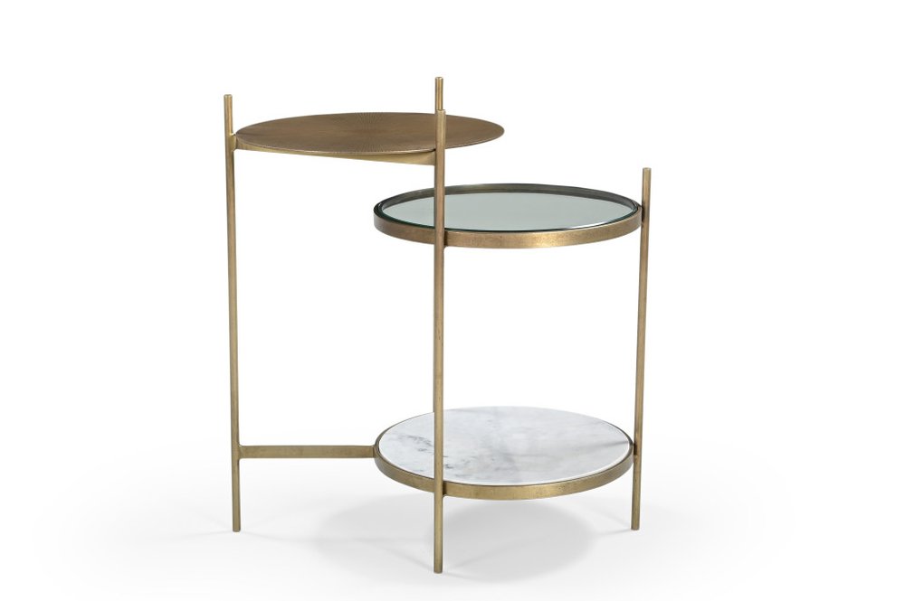 Brass Distressed Iron Round End Table with Shelf - 24-inch