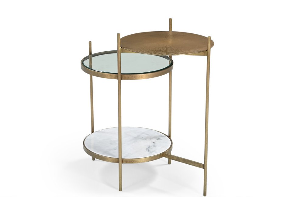 Brass Distressed Iron Round End Table with Shelf - 24-inch