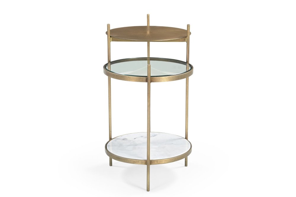 Brass Distressed Iron Round End Table with Shelf - 24-inch