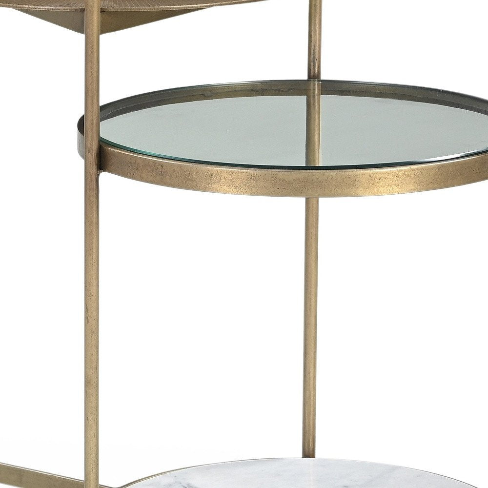 Brass Distressed Iron Round End Table with Shelf - 24-inch