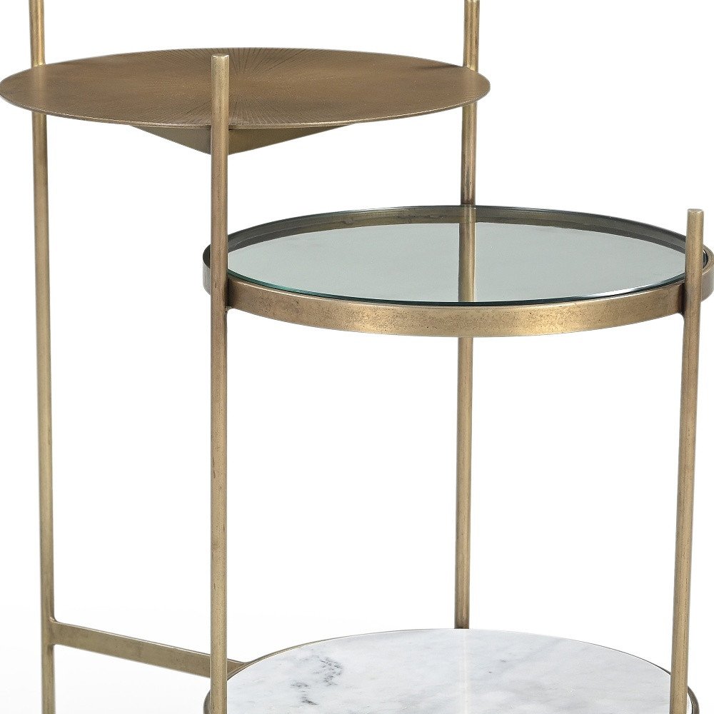 Brass Distressed Iron Round End Table with Shelf - 24-inch