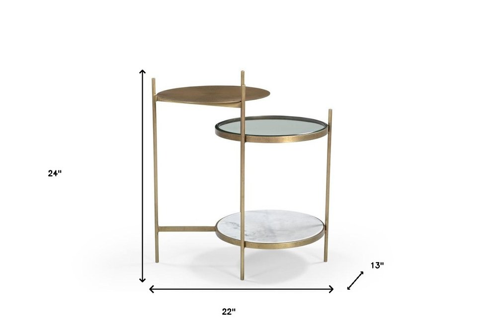 Brass Distressed Iron Round End Table with Shelf - 24-inch