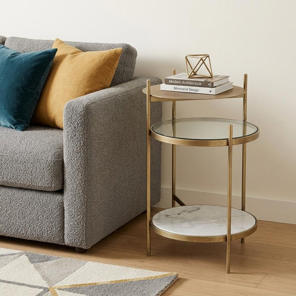 Brass Distressed Iron Round End Table with Shelf - 24-inch