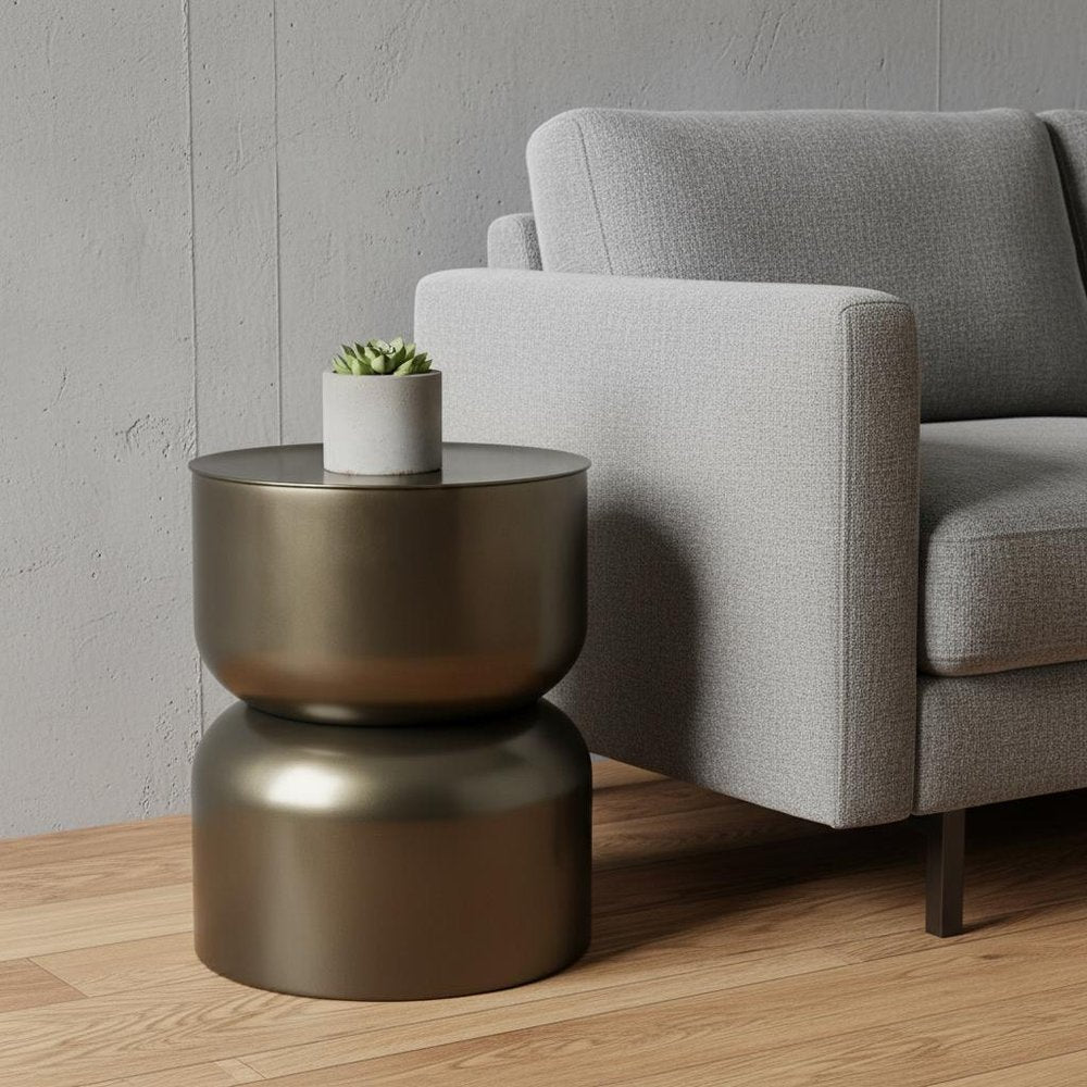 Antiqued Gold Iron Round Cinched Drum End Table - 20-inch