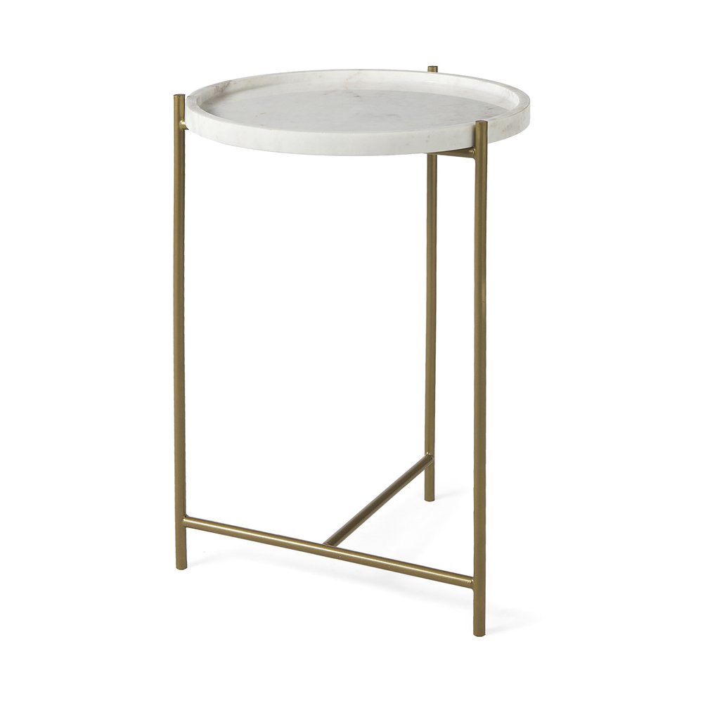 White and Gold Marble and Iron Round End Table - 23-inch