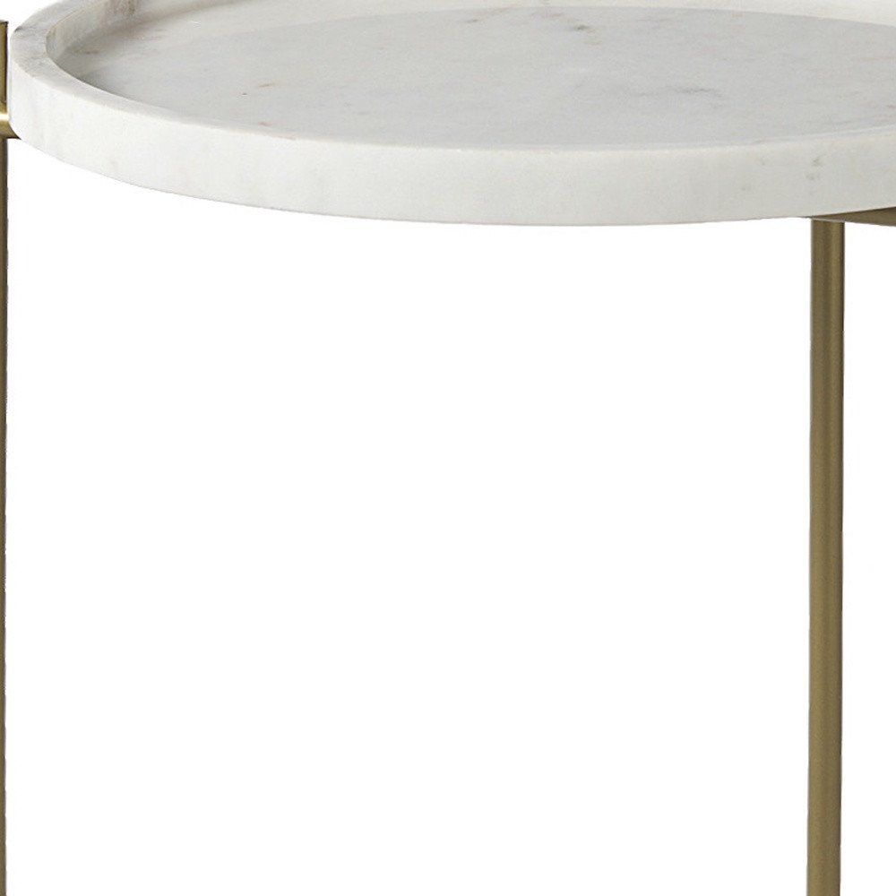 White and Gold Marble and Iron Round End Table - 23-inch