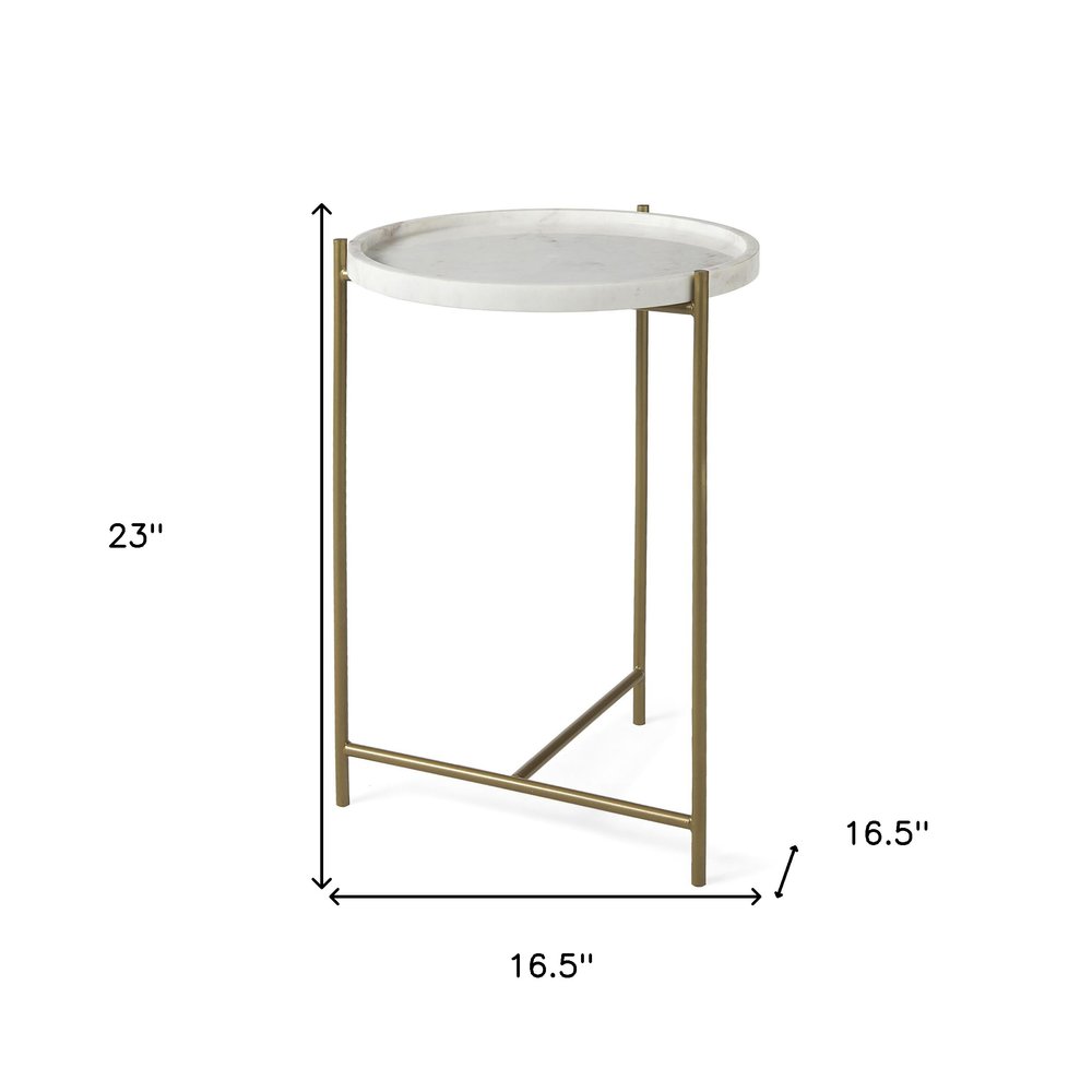 White and Gold Marble and Iron Round End Table - 23-inch