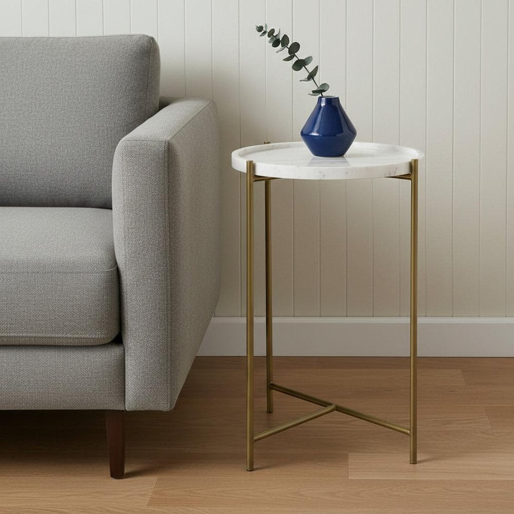 White and Gold Marble and Iron Round End Table - 23-inch