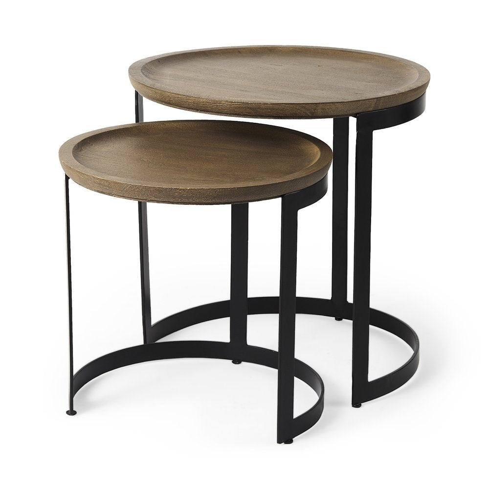 Set of Two Brown and Black Solid Wood and Iron Round Nested Tables