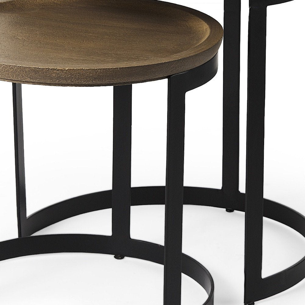 Set of Two Brown and Black Solid Wood and Iron Round Nested Tables