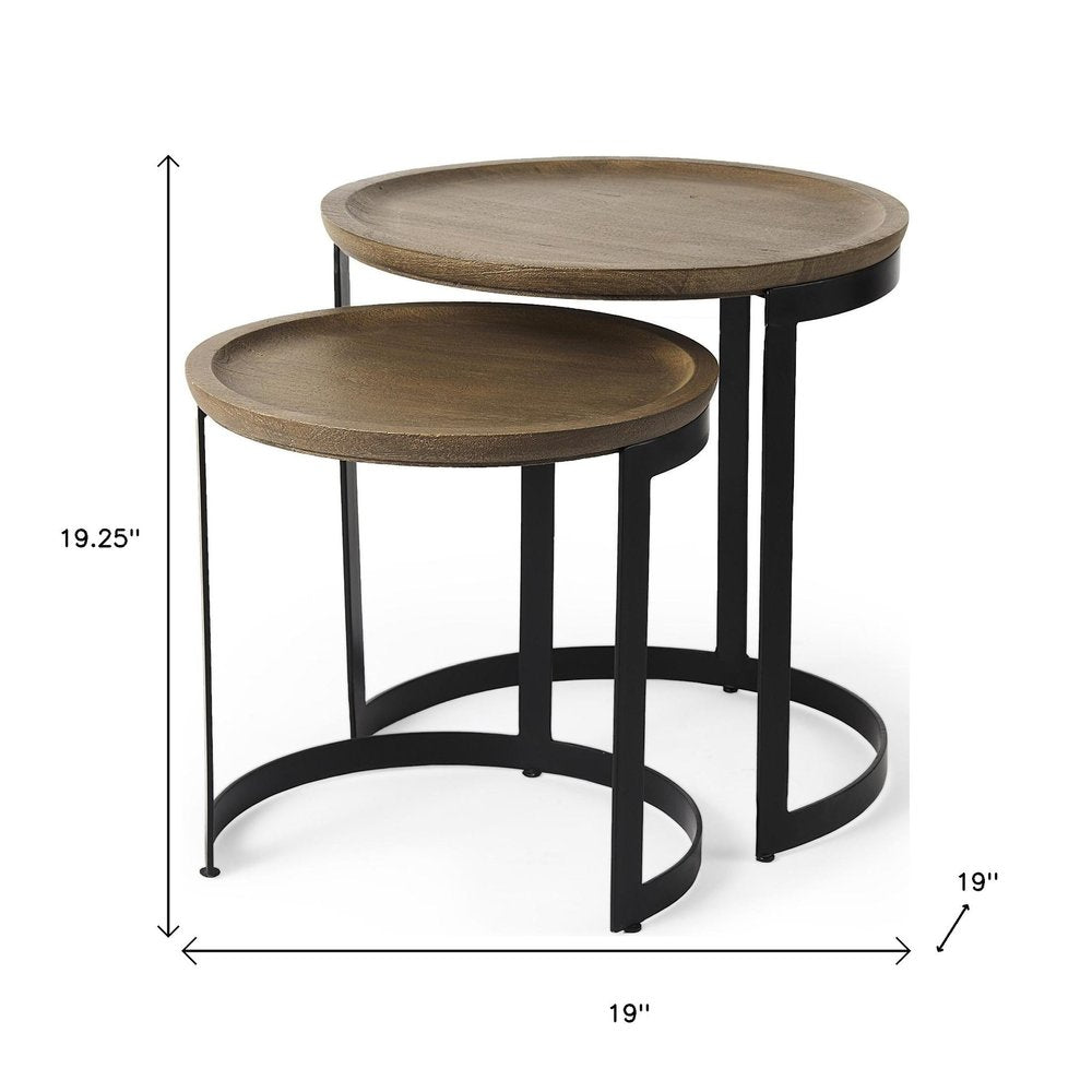 Set of Two Brown and Black Solid Wood and Iron Round Nested Tables