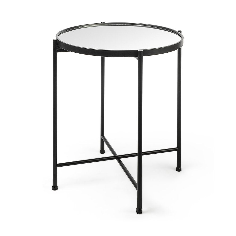 Silver and Black Mirrored Glass and Iron Round End Table - 24-inch