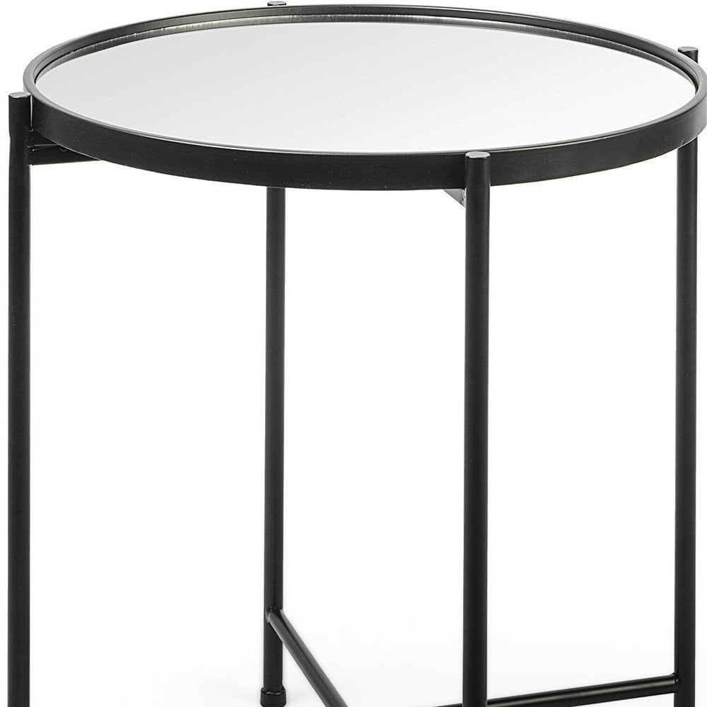 Silver and Black Mirrored Glass and Iron Round End Table - 24-inch