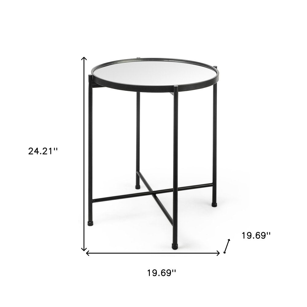 Silver and Black Mirrored Glass and Iron Round End Table - 24-inch