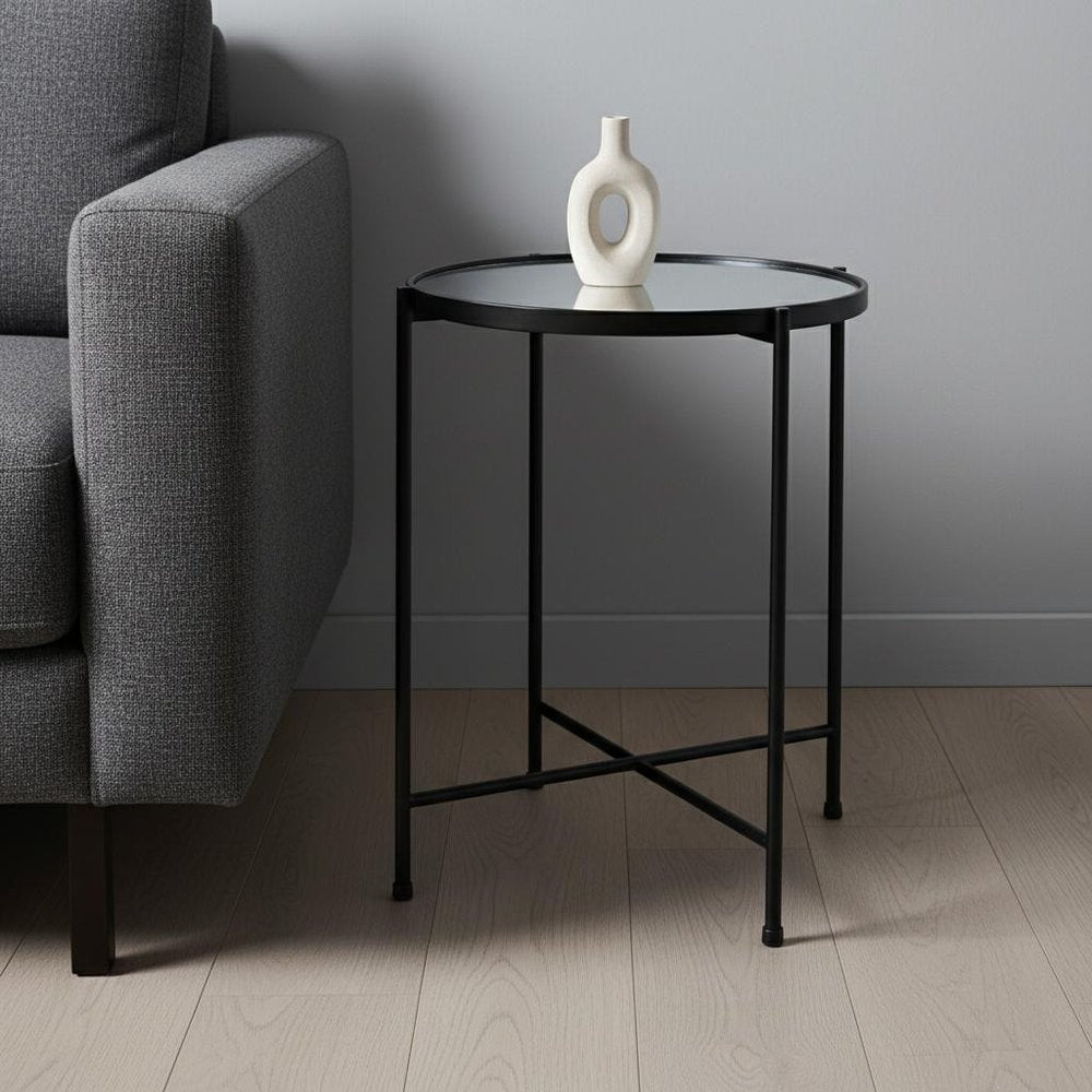 Silver and Black Mirrored Glass and Iron Round End Table - 24-inch