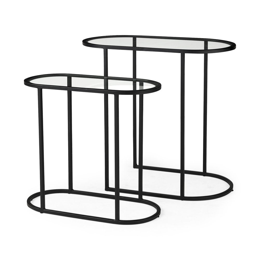 Set of Two 13 Clear and Black Glass and Metal Tray Tables