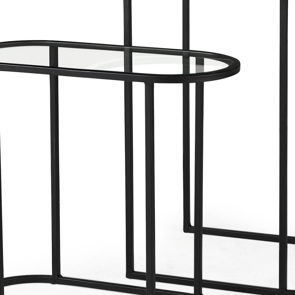 Set of Two 13 Clear and Black Glass and Metal Tray Tables