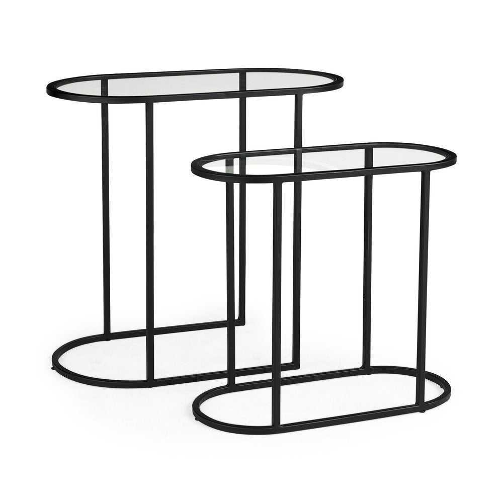 Set of Two 13 Clear and Black Glass and Metal Tray Tables