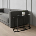 Set of Two 13 Clear and Black Glass and Metal Tray Tables