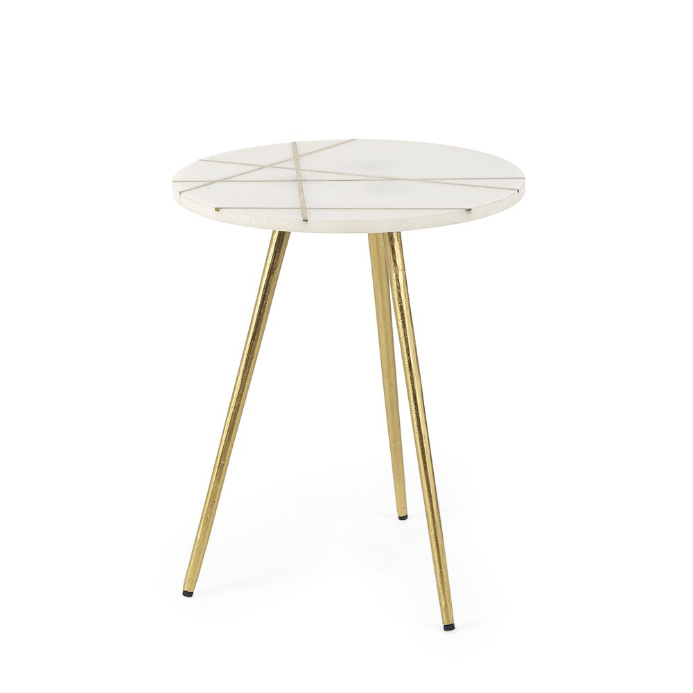 White and Gold Stone and Metal Tray Table - 16-inch