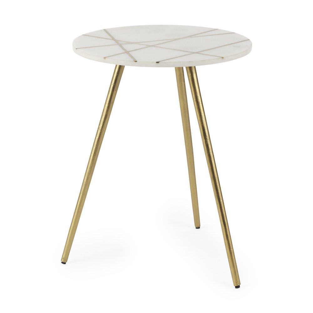 White and Gold Stone and Metal Tray Table - 18-inch
