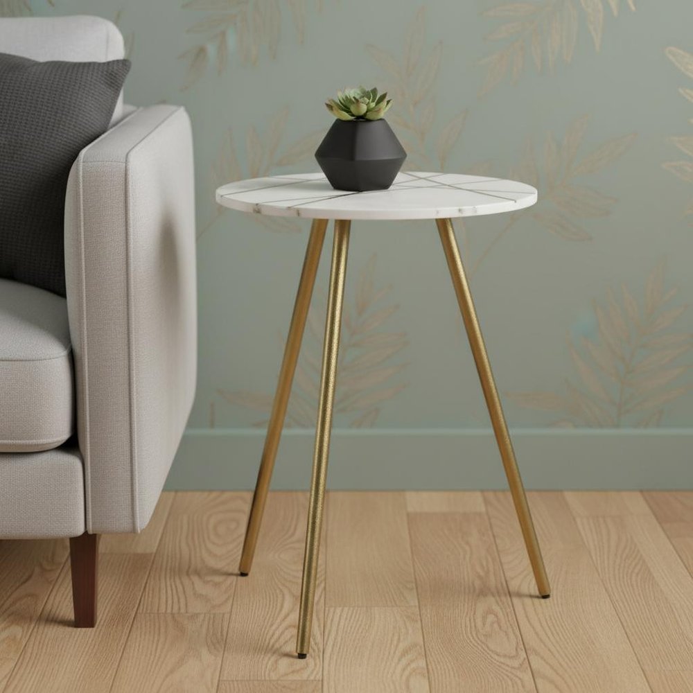 White and Gold Stone and Metal Tray Table - 18-inch
