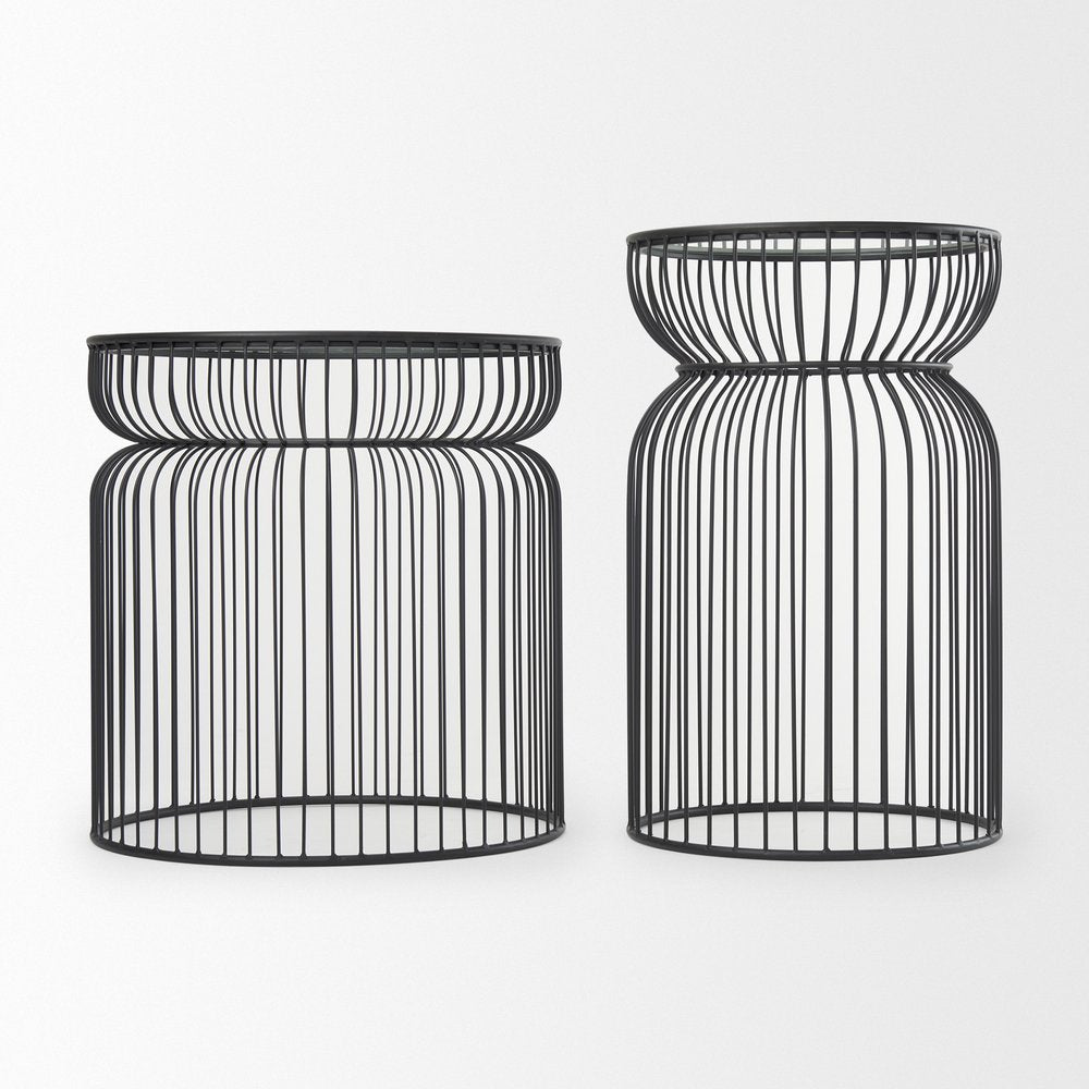 Set of Two Clear and Black Tempered Glass and Metal Wire Round Drum End Tables
