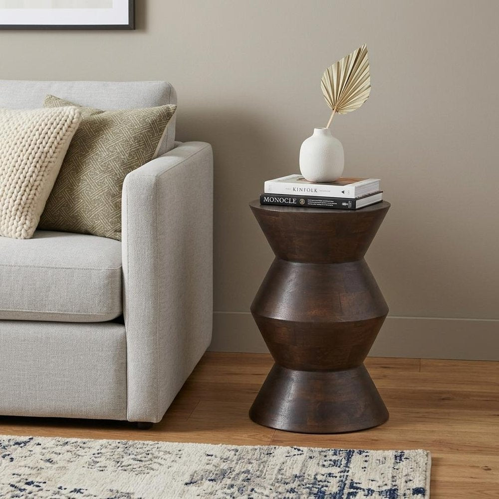 Dark Brown Solid Wood Round Block End Table - 18-inch