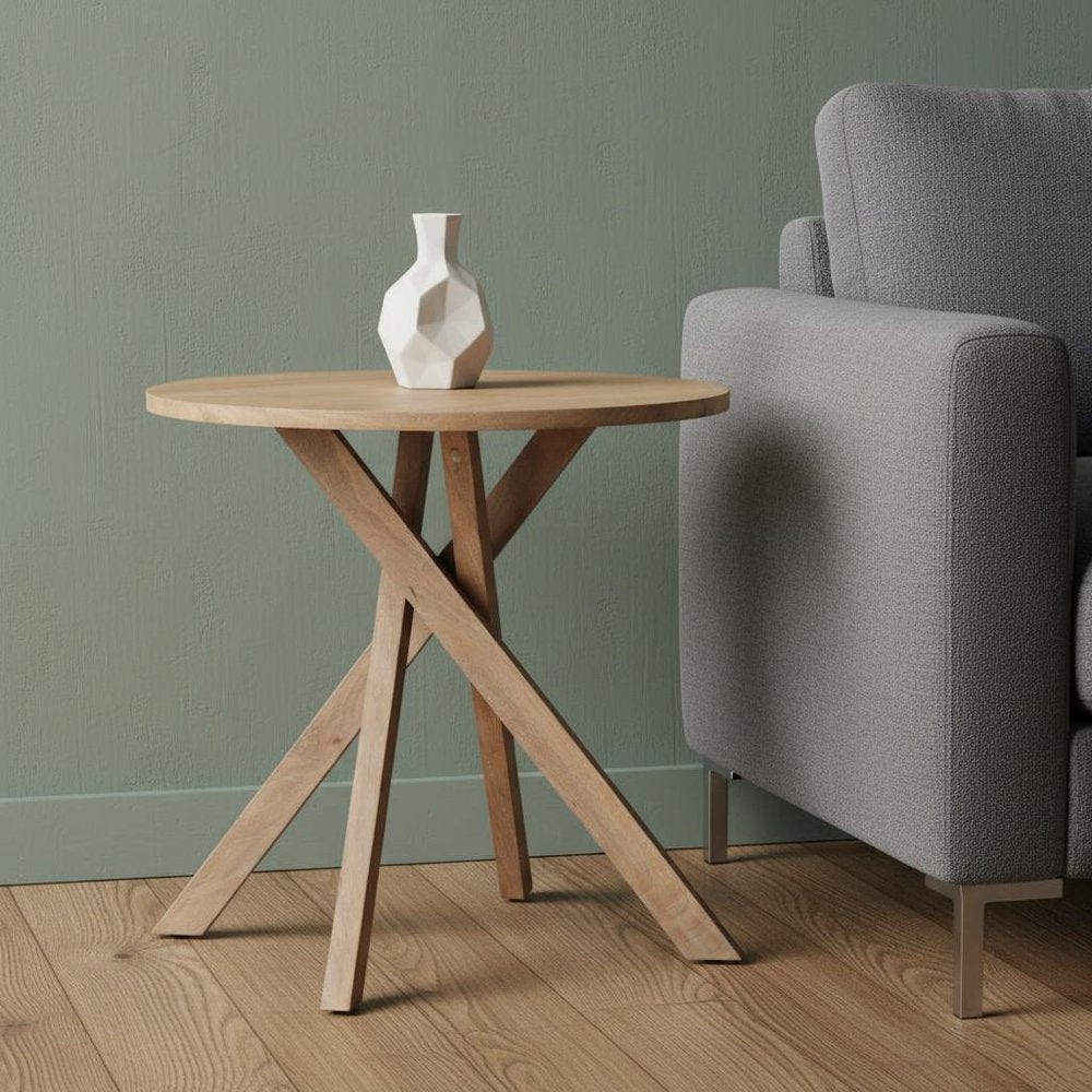 Natural Distressed Solid Wood Round Cross Legs End Table - 30-inch