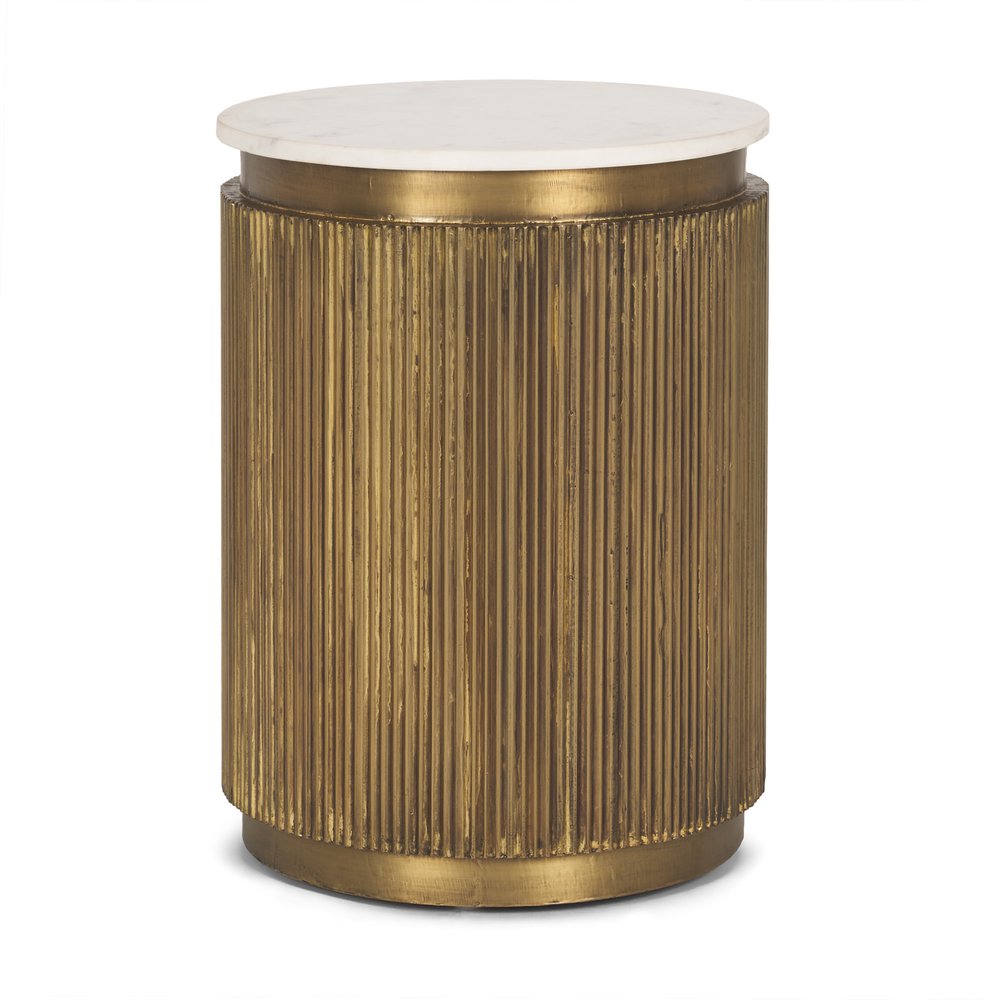 White and Gold Stone and Brass Round Block End Table - 22-inch