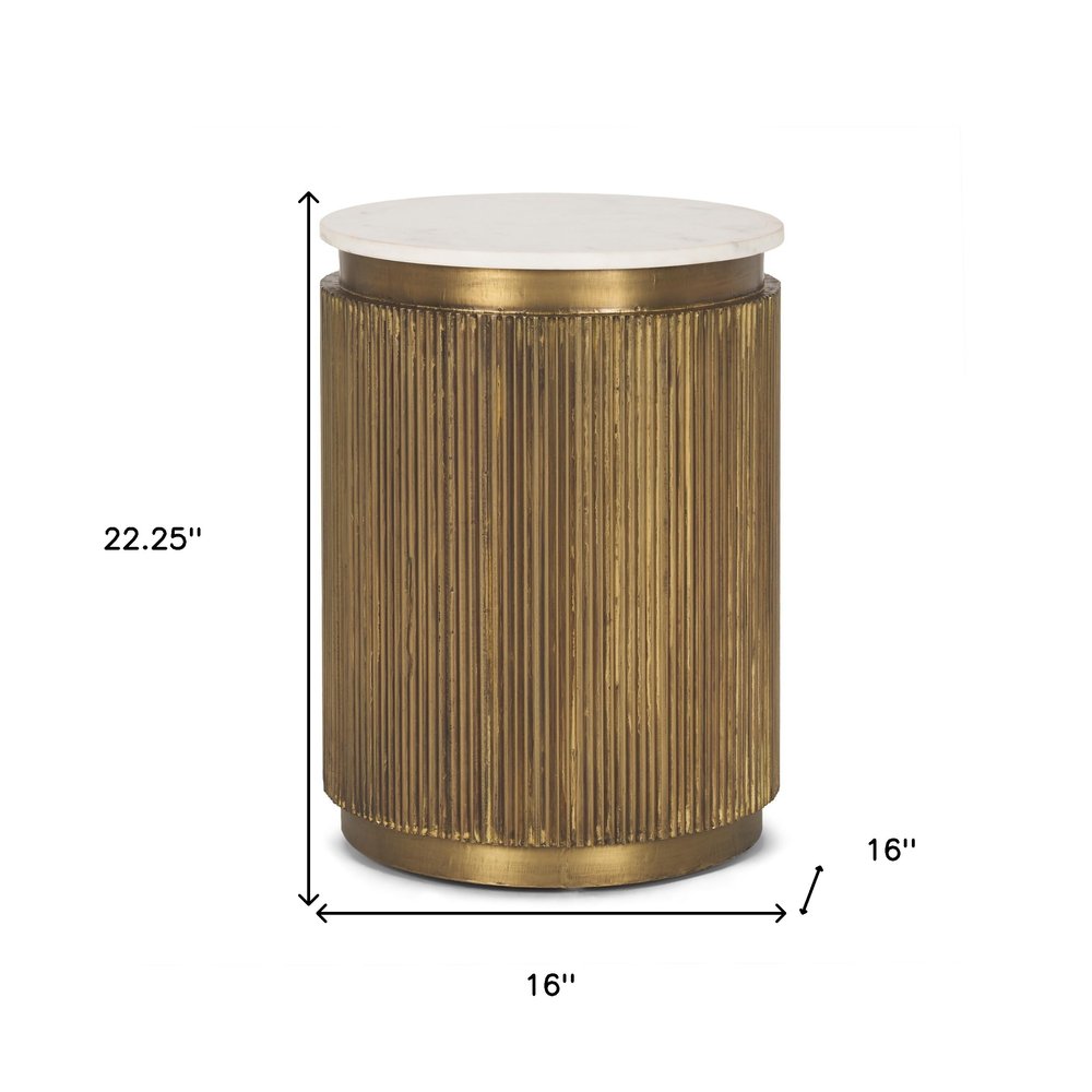 White and Gold Stone and Brass Round Block End Table - 22-inch