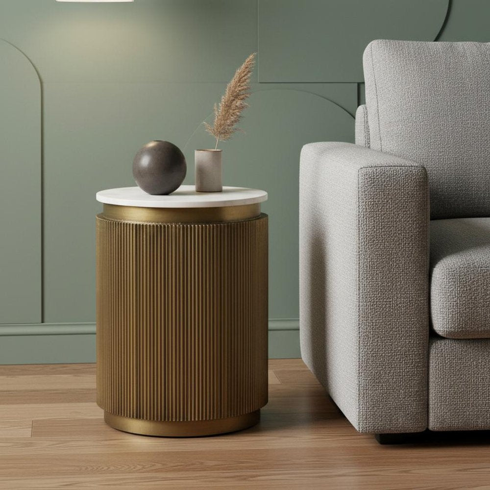 White and Gold Stone and Brass Round Block End Table - 22-inch