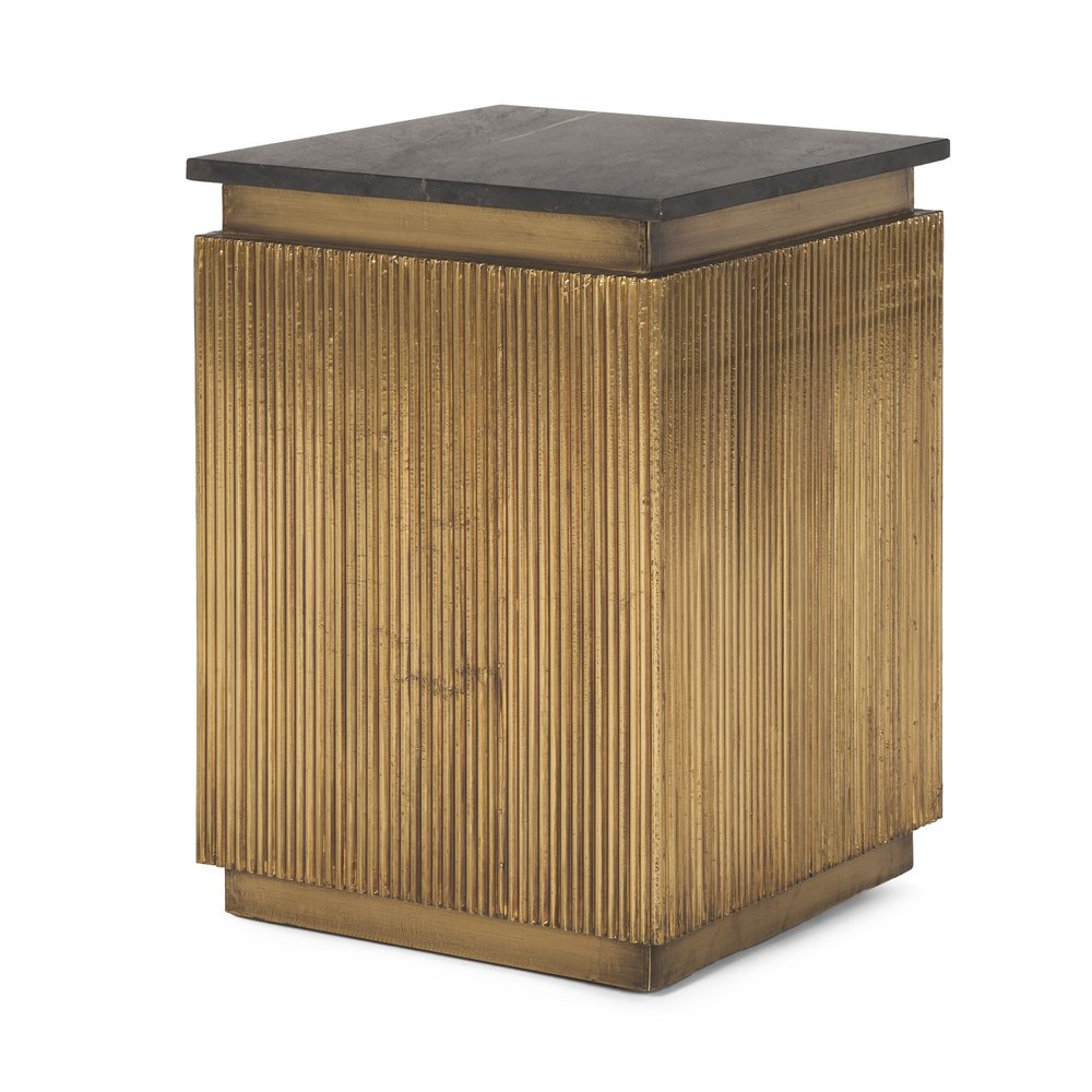 Black and Gold Stone and Brass Square Block End Table - 22-inch