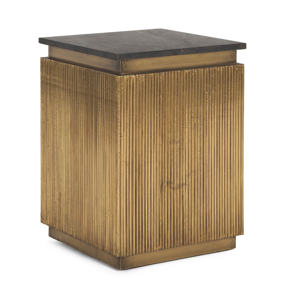 Black and Gold Stone and Brass Square Block End Table - 22-inch