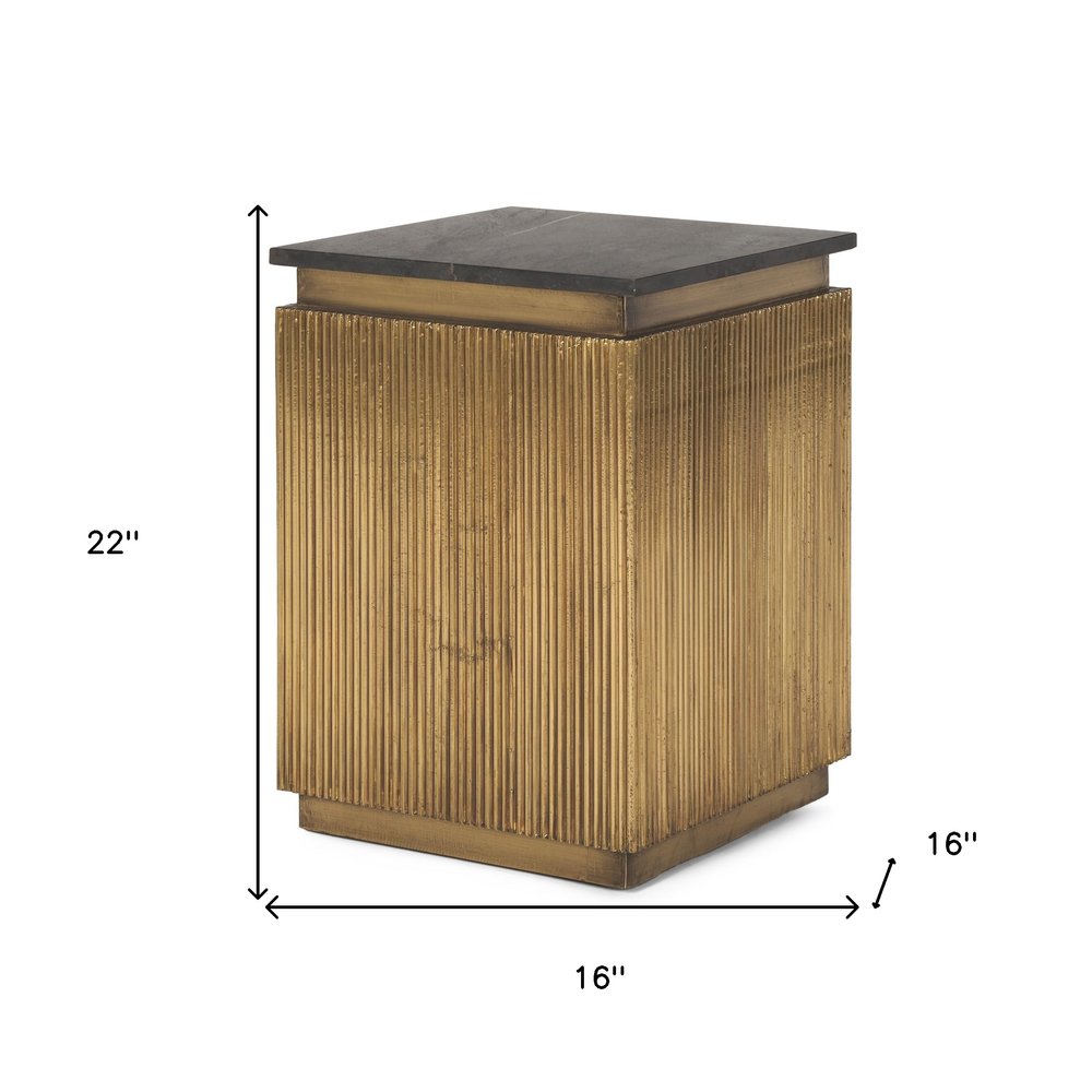 Black and Gold Stone and Brass Square Block End Table - 22-inch