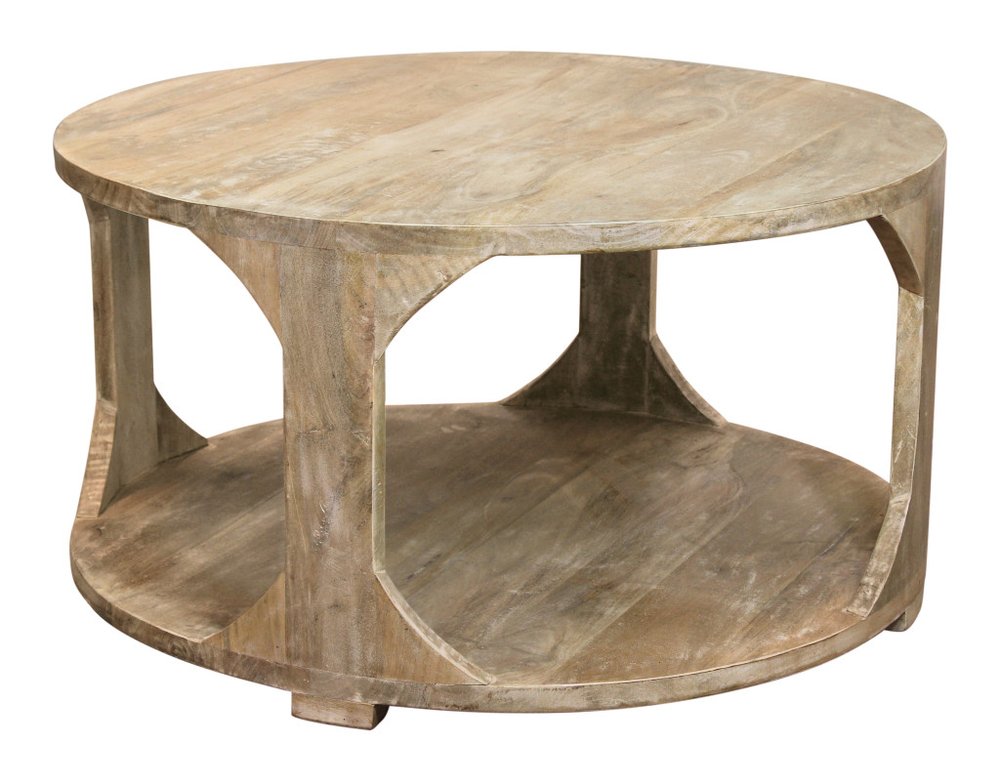 Natural Solid Wood Round Distressed Floor Shelf Coffee Table with Shelf