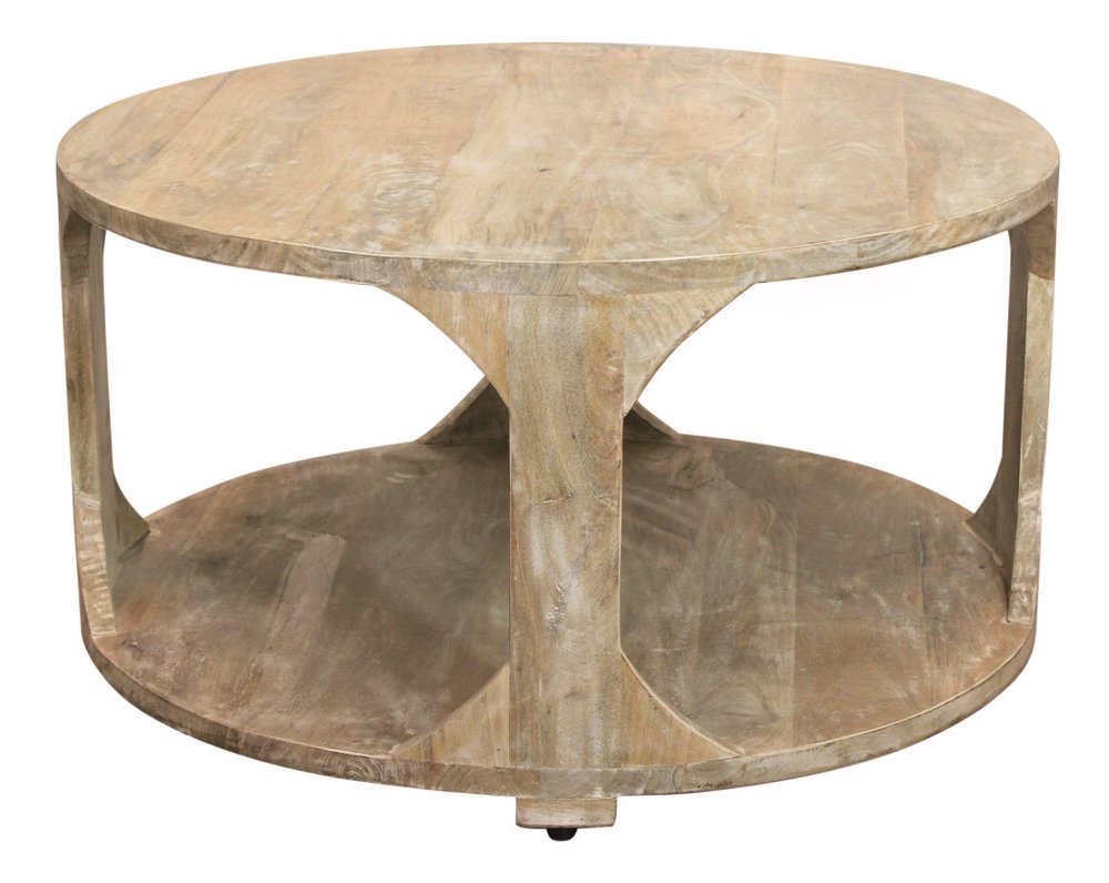 Natural Solid Wood Round Distressed Floor Shelf Coffee Table with Shelf