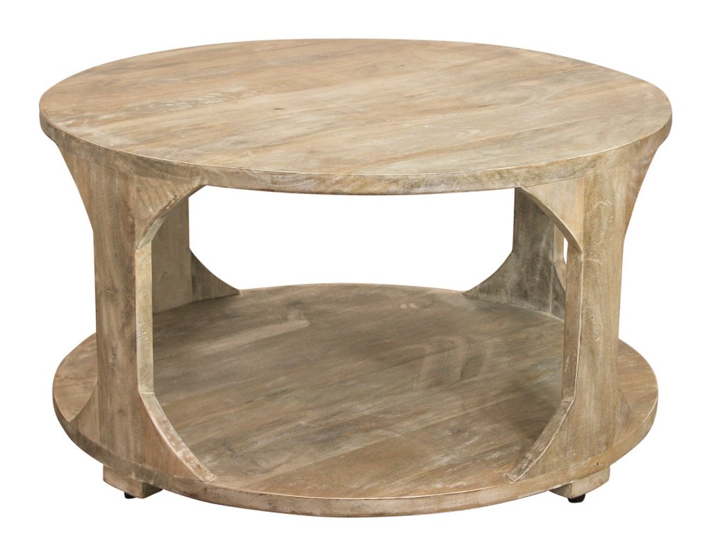 Natural Solid Wood Round Distressed Floor Shelf Coffee Table with Shelf