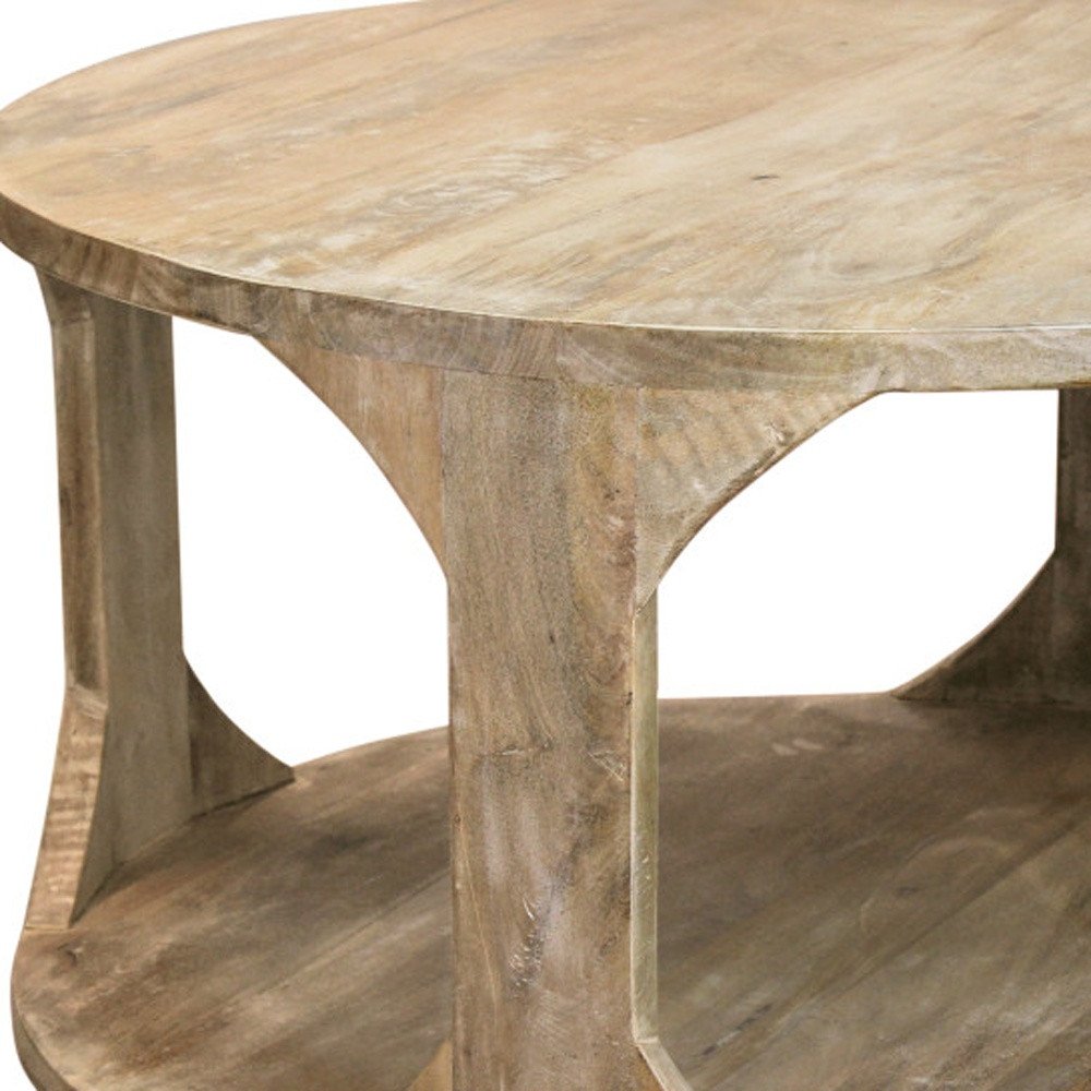Natural Solid Wood Round Distressed Floor Shelf Coffee Table with Shelf