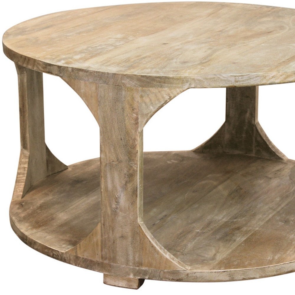 Natural Solid Wood Round Distressed Floor Shelf Coffee Table with Shelf