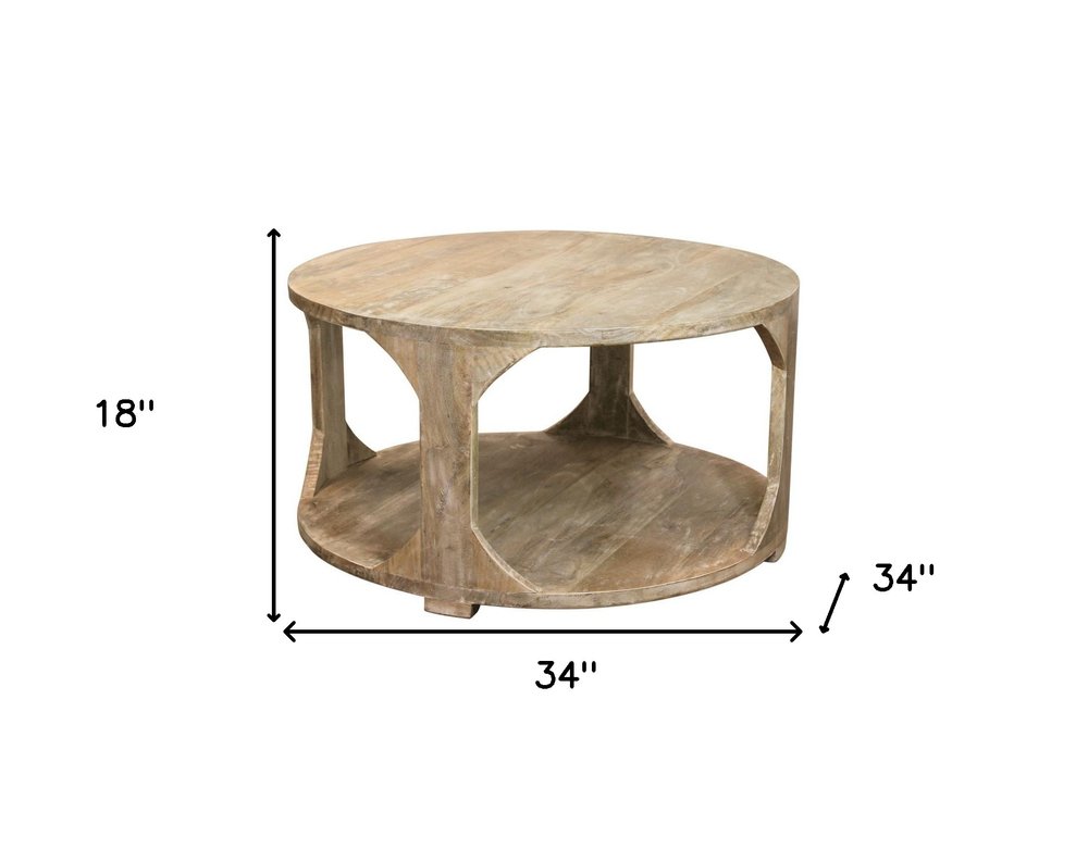 Natural Solid Wood Round Distressed Floor Shelf Coffee Table with Shelf