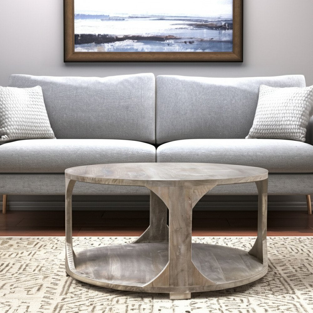Natural Solid Wood Round Distressed Floor Shelf Coffee Table with Shelf