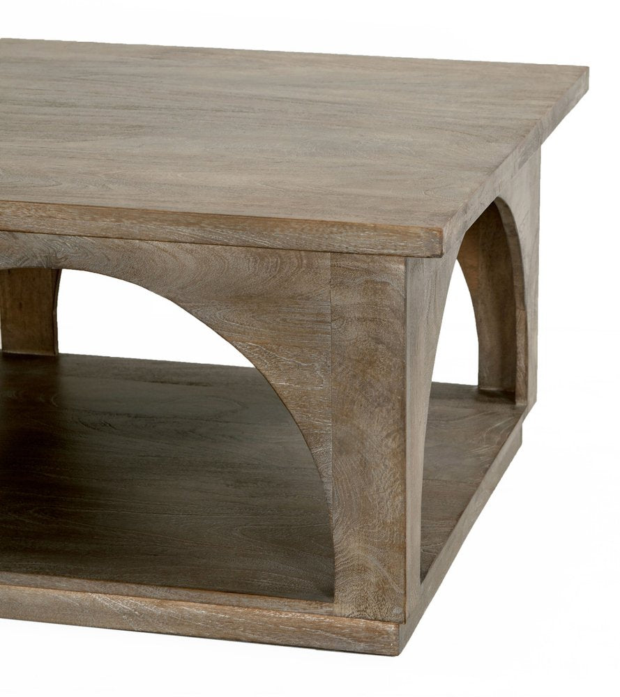 Brown Solid Wood Distressed Floor Shelf Coffee Table with Shelf
