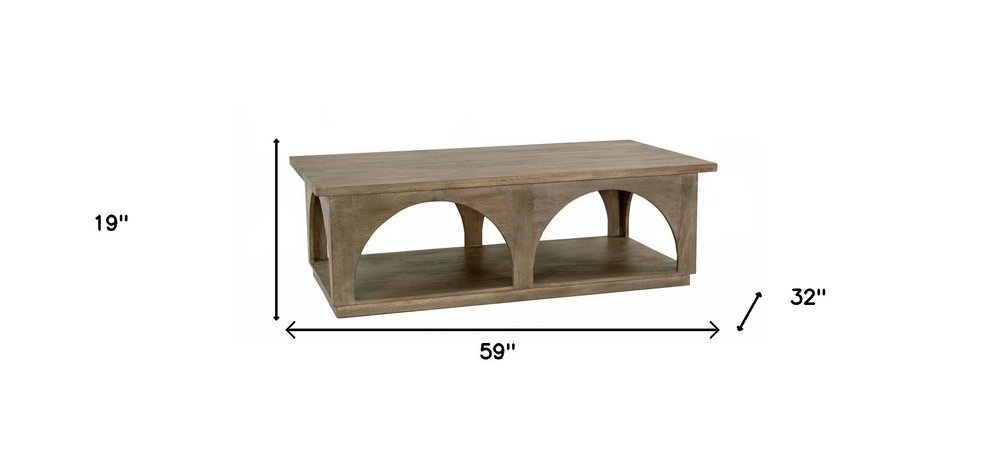 Brown Solid Wood Distressed Floor Shelf Coffee Table with Shelf