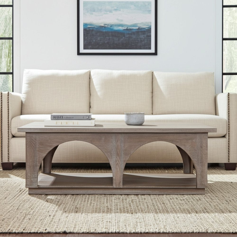 Brown Solid Wood Distressed Floor Shelf Coffee Table with Shelf